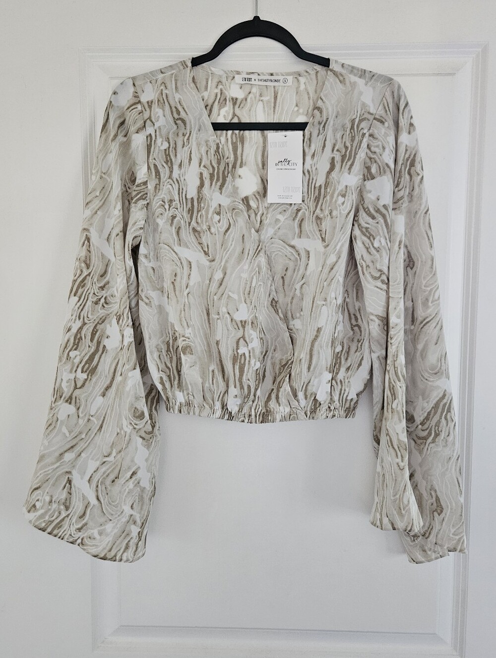 12th Tribe X The Salty Blonde Marble-Print Semi-Sheer Blouse in Beige